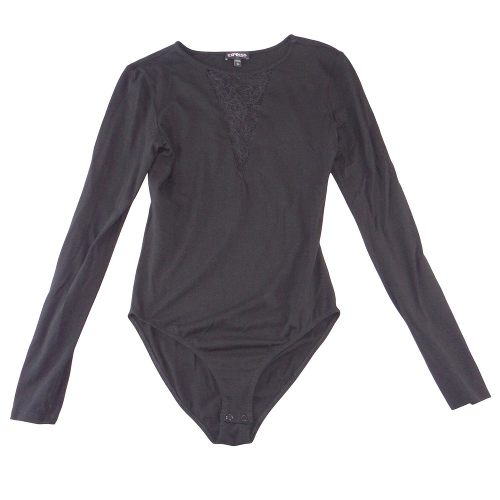 Express Womens Black Lace V-Neck Long Sleeve Snap Bottom Bodysuit Size S
